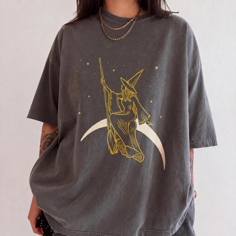 Witch Moon Broom  90S Style Tshirt, Retro Gothic Witch Shirt, Halloween